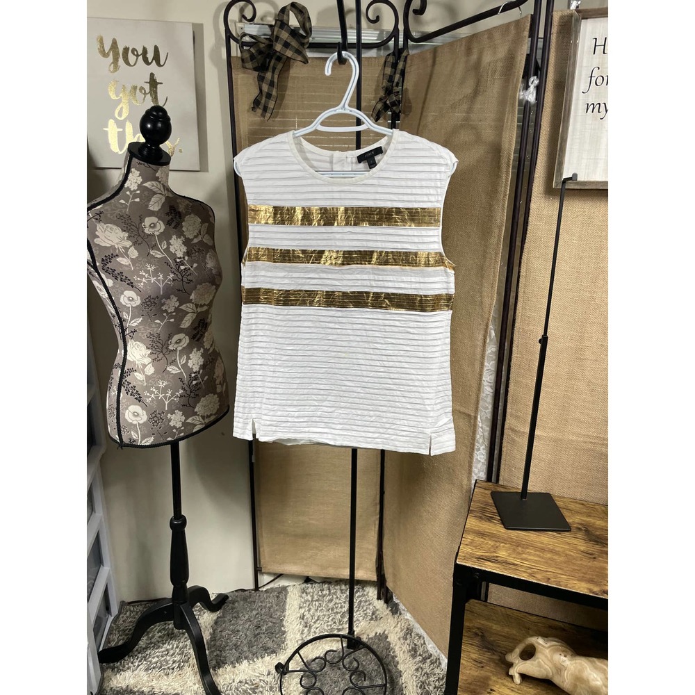 J. Crew White Sleeveless Top with Gold Metallic Stripes